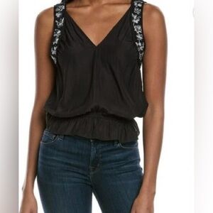 Ramy Brook Black Smocked Clara Tank Top with Silver Embellishments NWT
